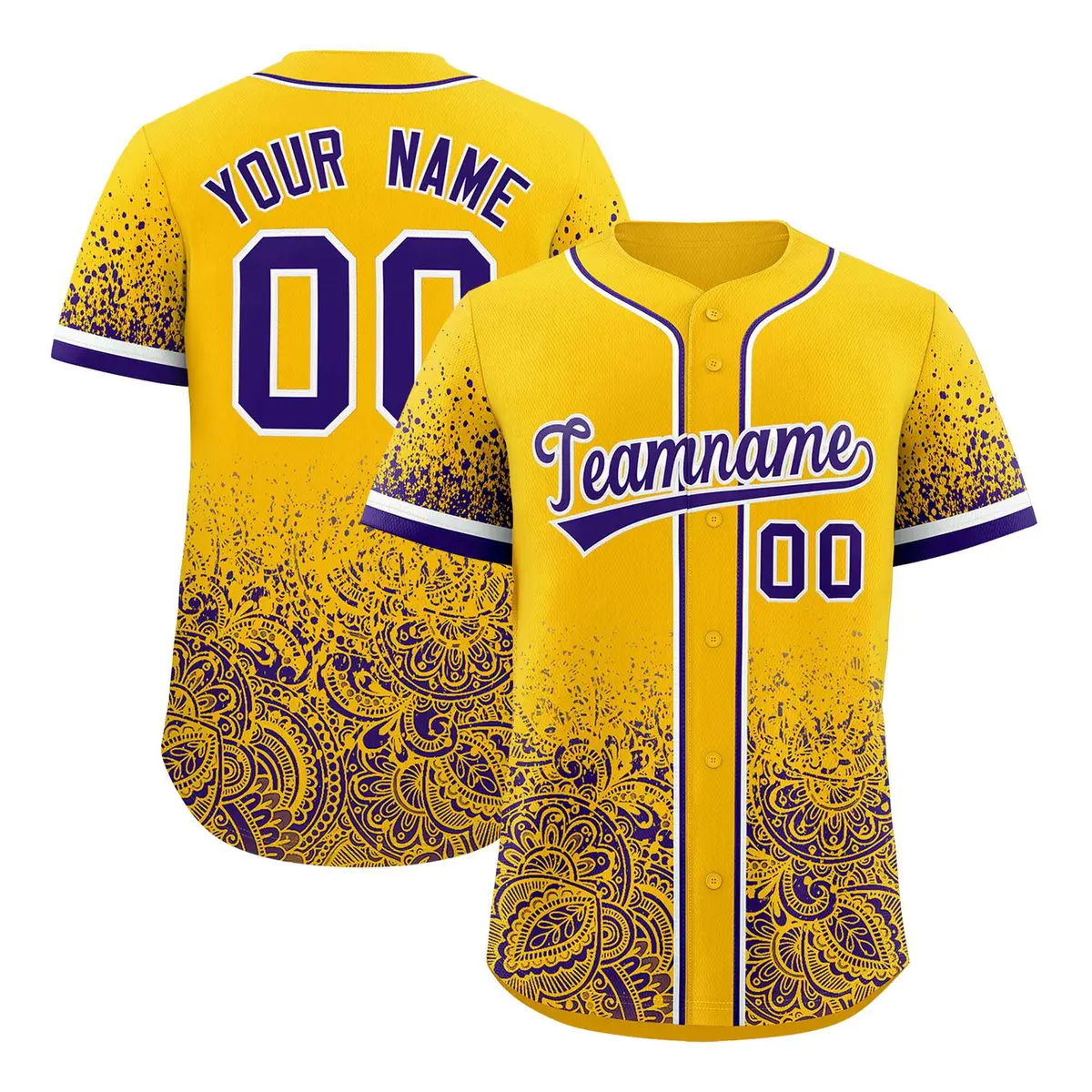 Yellow Purple Floral Gradient Full Button Baseball Jersey