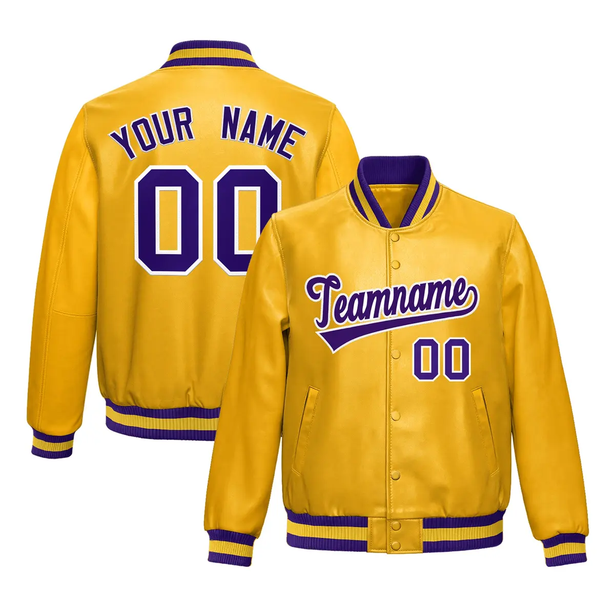 Yellow Purple Full-Snap Faux Leather Varsity Letterman Jacket