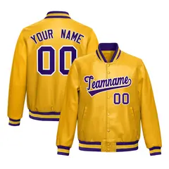 Yellow Purple Full-Snap Faux Leather Varsity Letterman Jacket 1