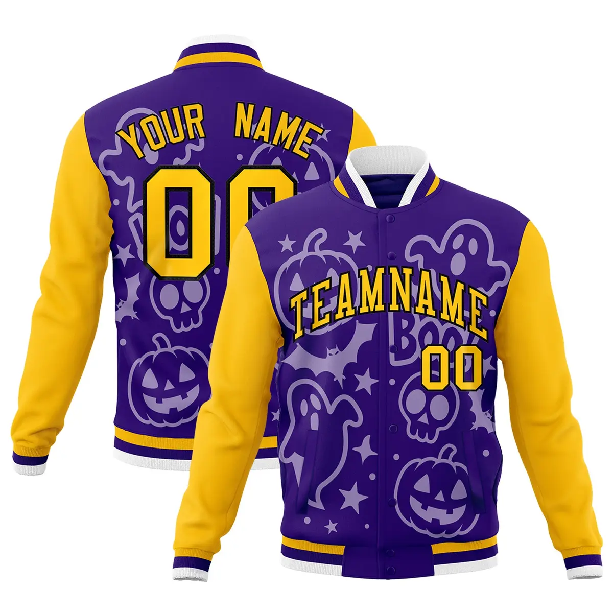 Yellow Purple Gold Halloween Bats Pumpkins Ghost Letterman Jacket