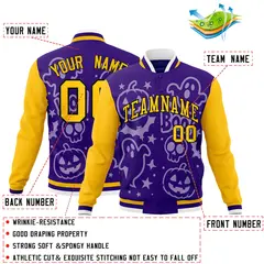 Yellow Purple Gold Halloween Bats Pumpkins Ghost Letterman Jacket 2