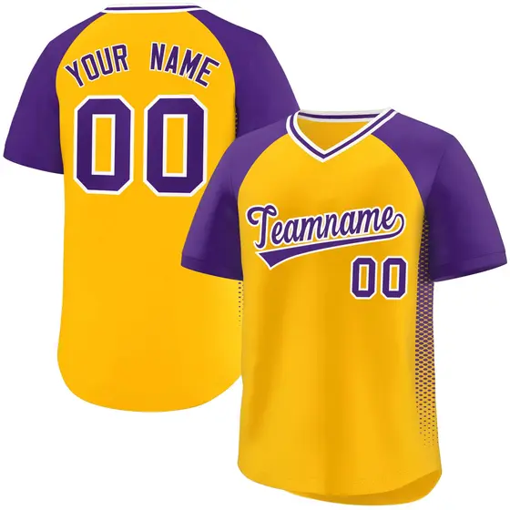 Yellow Purple Side Spot Raglan Pullover Baseball Jersey