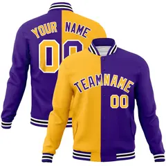 Yellow Purple Two Tone Split Full-Snap Varsity Letterman Jacket