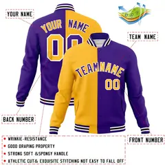 Yellow Purple Two Tone Split Full-Snap Varsity Letterman Jacket 4