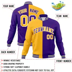 Yellow Purple Two Tone Split Full-Snap Varsity Letterman Jacket 4