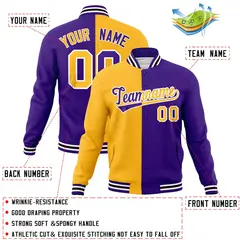Yellow Purple Two Tone Split Full-Snap Varsity Letterman Jacket 4