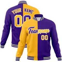 Yellow Purple Two Tone Split Full-Snap Varsity Letterman Jacket
