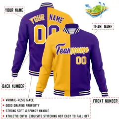 Yellow Purple Two Tone Split Full-Snap Varsity Letterman Jacket 4