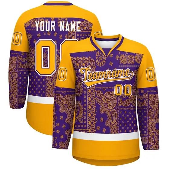 Yellow Purple White Cashew Flower Graffiti V-Neck Hockey Jersey