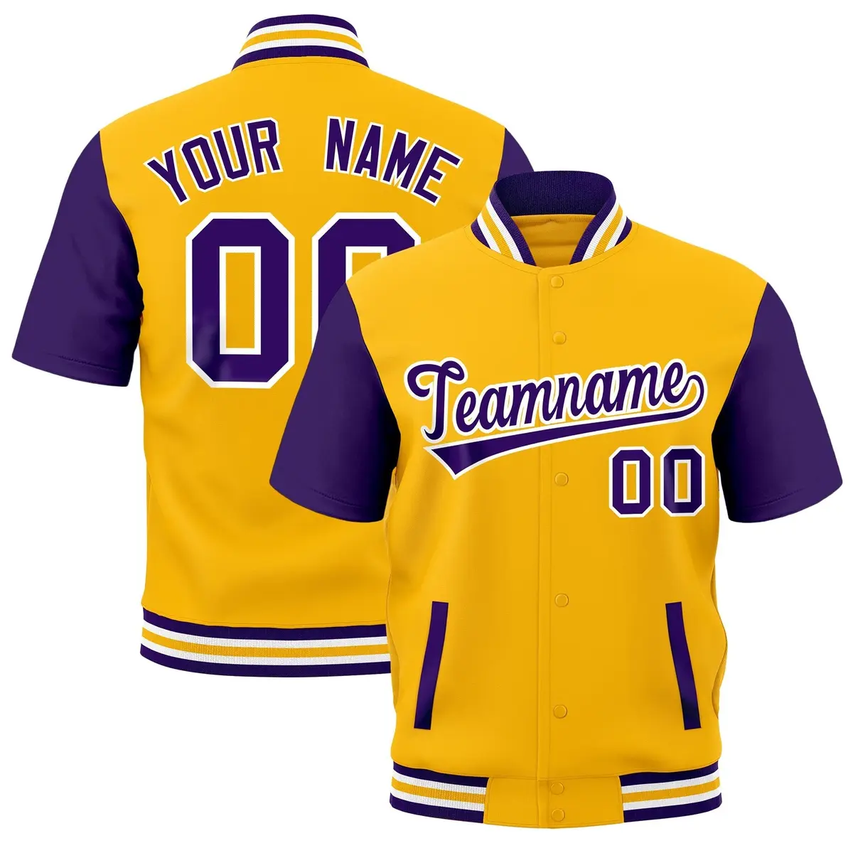 Yellow Purple White Gold Full-Snap Short Sleeve Varsity Jacket