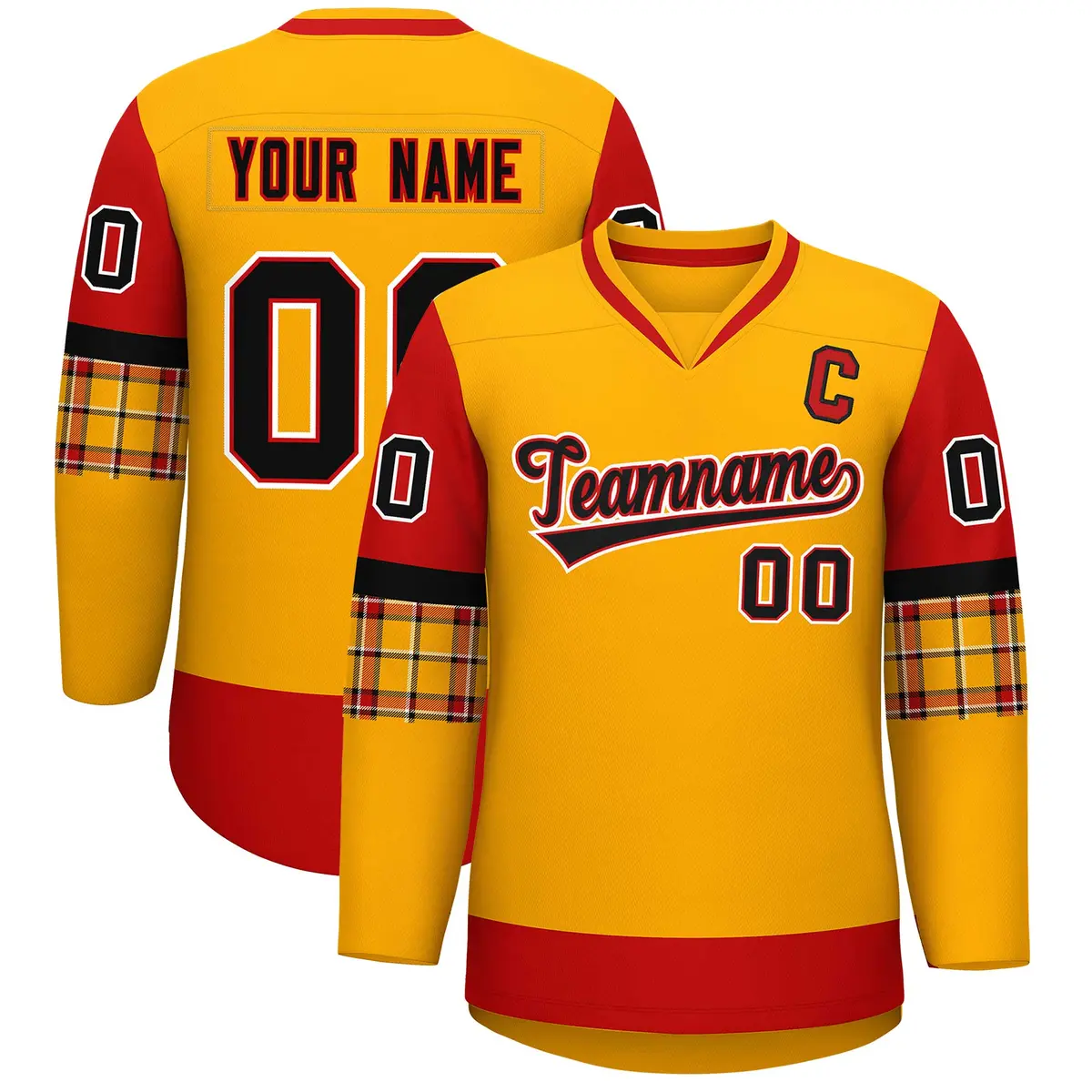 Yellow Red-Black Raglan V-Neck Hockey Jersey