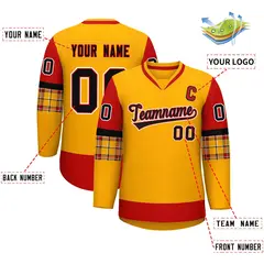 Yellow Red-Black Raglan V-Neck Hockey Jersey 2