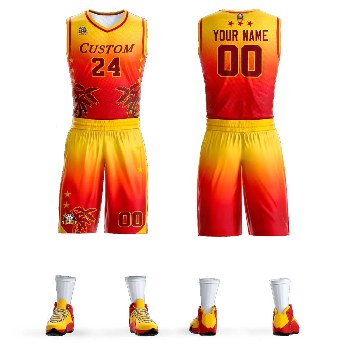 Yellow Red-Dark Red Gradient Coconut Palm Pattern Basketball Jersey