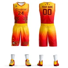 Yellow Red-Dark Red Gradient Coconut Palm Pattern Basketball Jersey