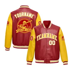 Yellow Red Faux Leather Letterman Jacket Raglan Sleeves Full-Snap