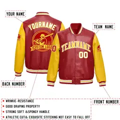 Yellow Red Faux Leather Letterman Jacket Raglan Sleeves Full-Snap 2