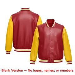 Yellow Red Faux Leather Letterman Jacket Raglan Sleeves Full-Snap 6
