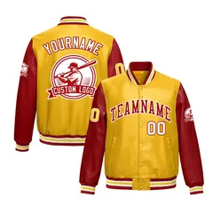 Yellow Red Faux Leather Letterman Jacket Raglan Sleeves Full-Snap 1