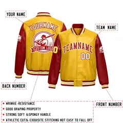 Yellow Red Faux Leather Letterman Jacket Raglan Sleeves Full-Snap 2