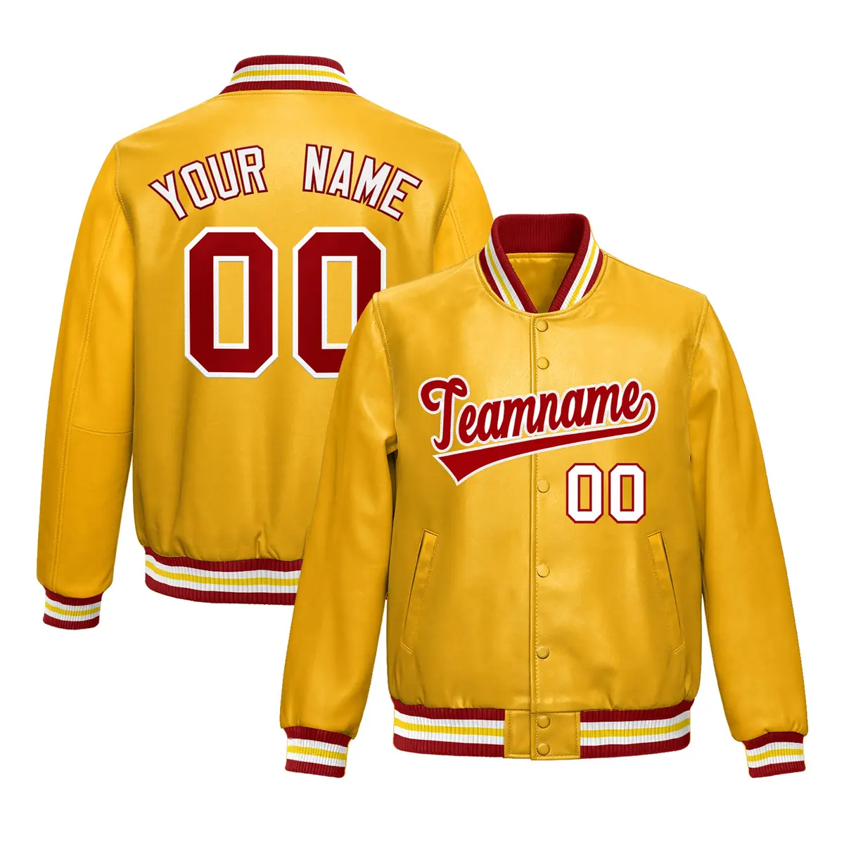Yellow Red Full-Snap Faux Leather Varsity Letterman Jacket