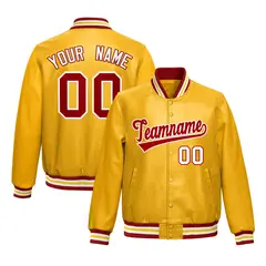 Yellow Red Full-Snap Faux Leather Varsity Letterman Jacket 1
