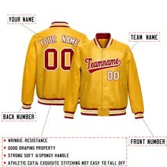 Yellow Red Full-Snap Faux Leather Varsity Letterman Jacket 2