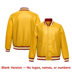 Yellow Red Full-Snap Faux Leather Varsity Letterman Jacket 6