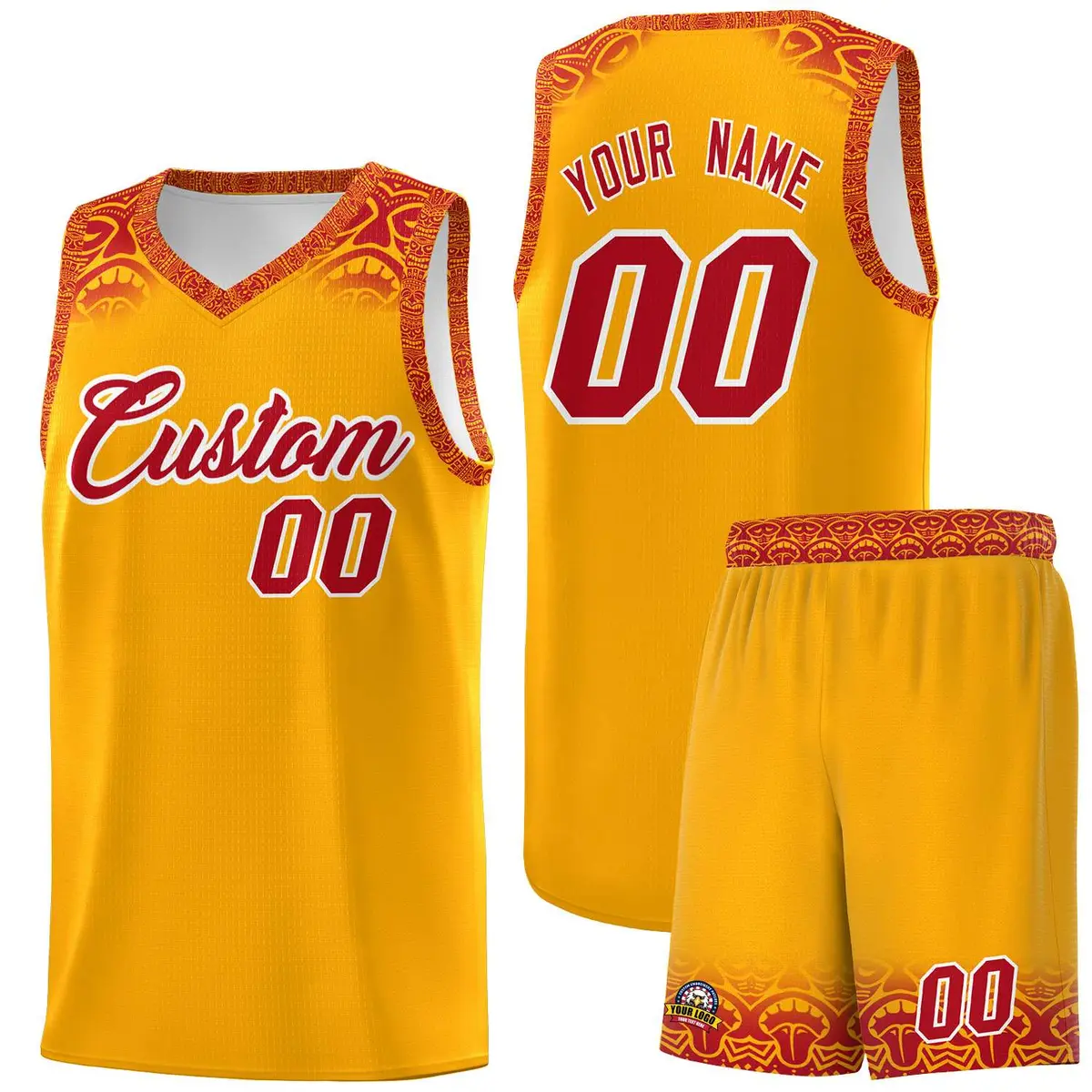 Yellow Red Indians Print Basketball Uniform Jersey