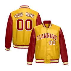 Yellow Red Raglan Full-Snap Varsity Faux Leather Letterman Jacket