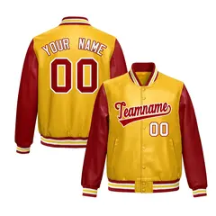 Yellow Red Raglan Full-Snap Varsity Faux Leather Letterman Jacket 1