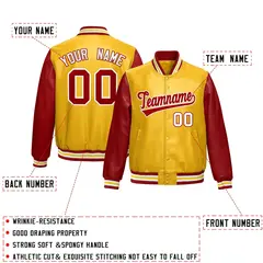 Yellow Red Raglan Full-Snap Varsity Faux Leather Letterman Jacket 2