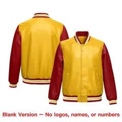 Yellow Red Raglan Full-Snap Varsity Faux Leather Letterman Jacket 6