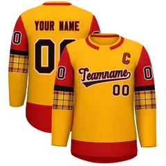 Yellow Red Raglan Round-Neck Hockey Jersey