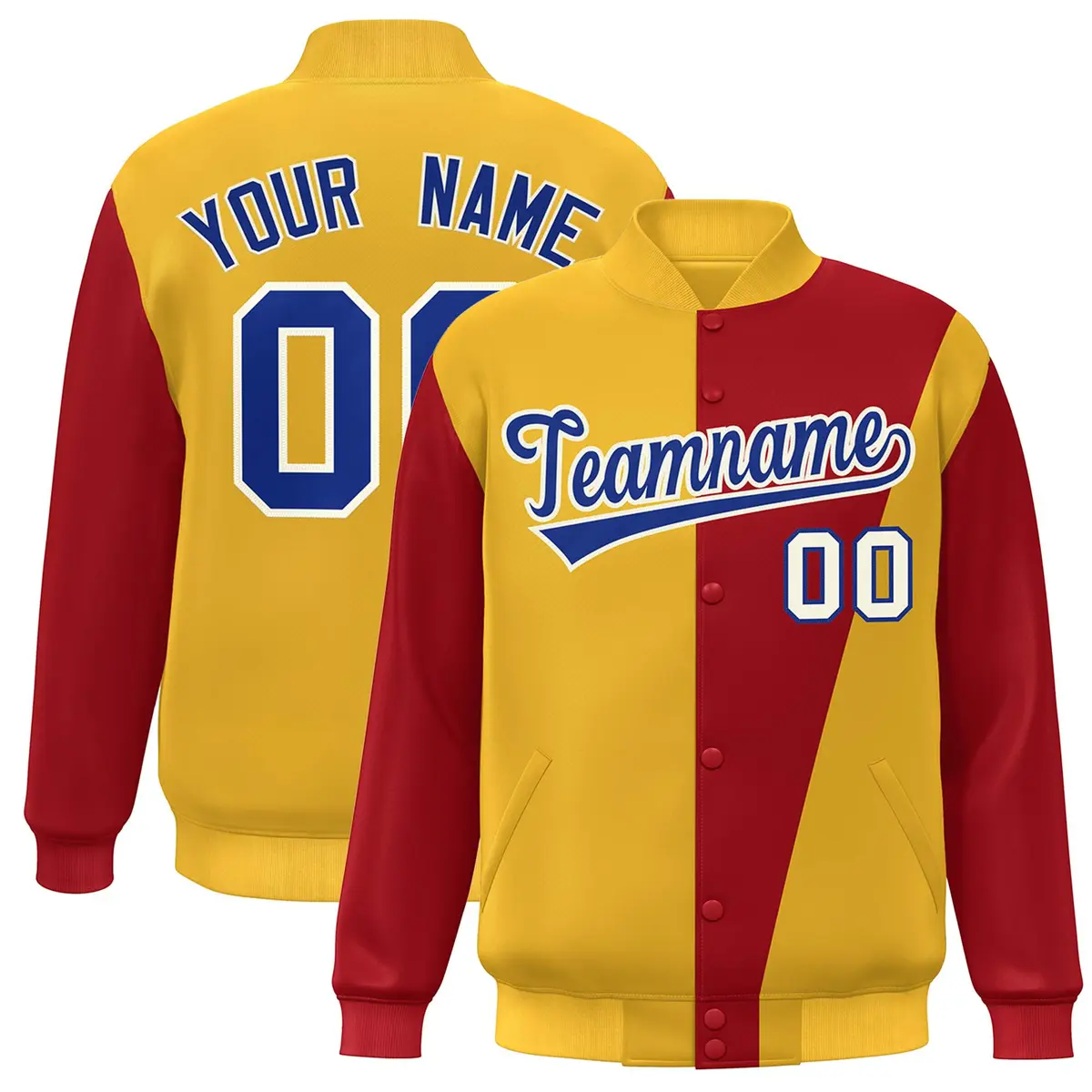 Yellow Red-Royal Color Block Varsity Full-Snap Bomber Jacket