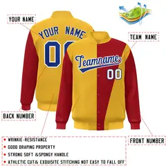 Yellow Red-Royal Color Block Varsity Full-Snap Bomber Jacket 2