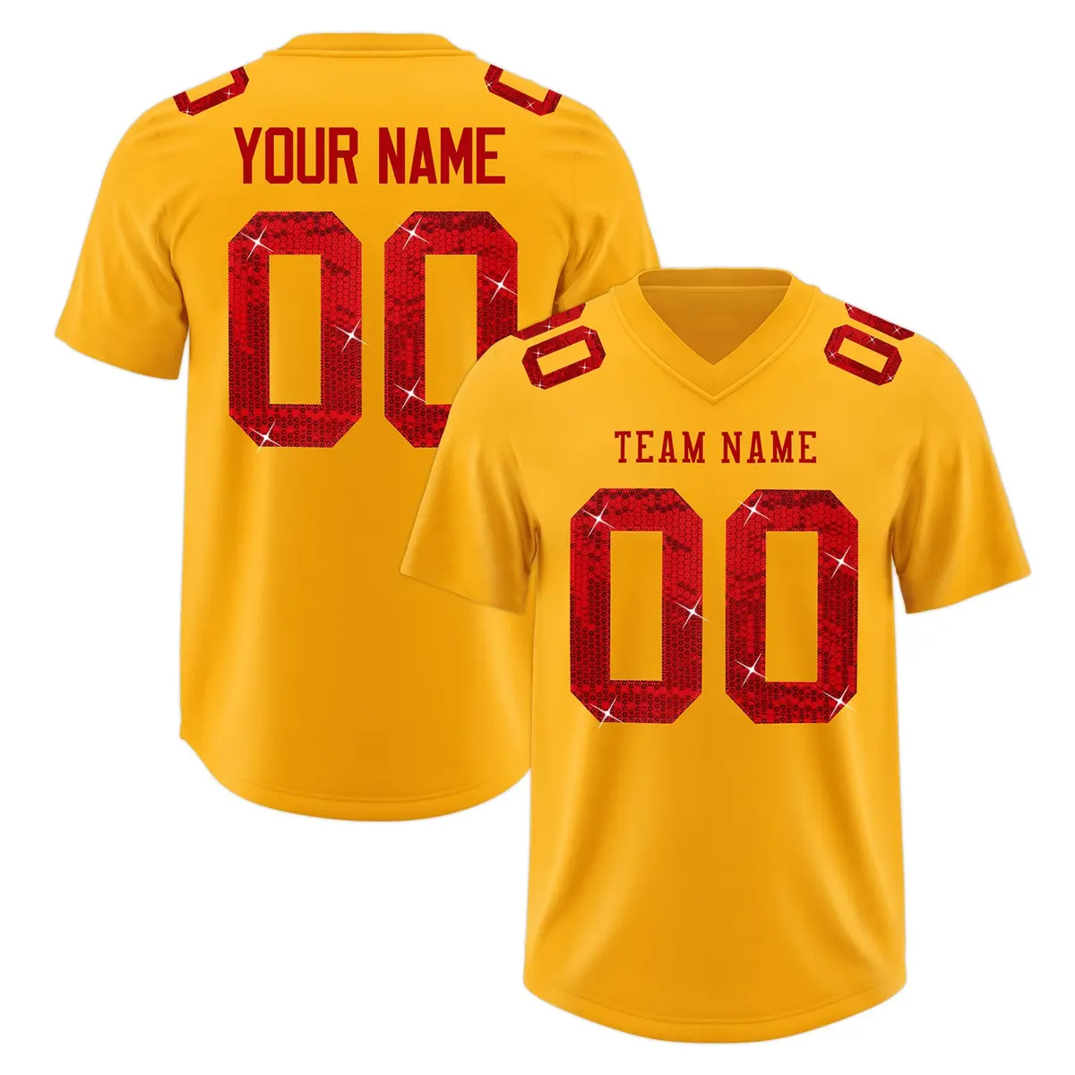 Yellow Red Sequin Lettering Breathable Football Jersey