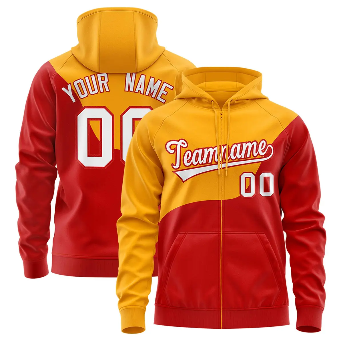 Yellow Red Wave Color Block Varsity Full-Zip Letterman Hoodie