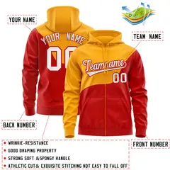 Yellow Red Wave Color Block Varsity Full-Zip Letterman Hoodie 4