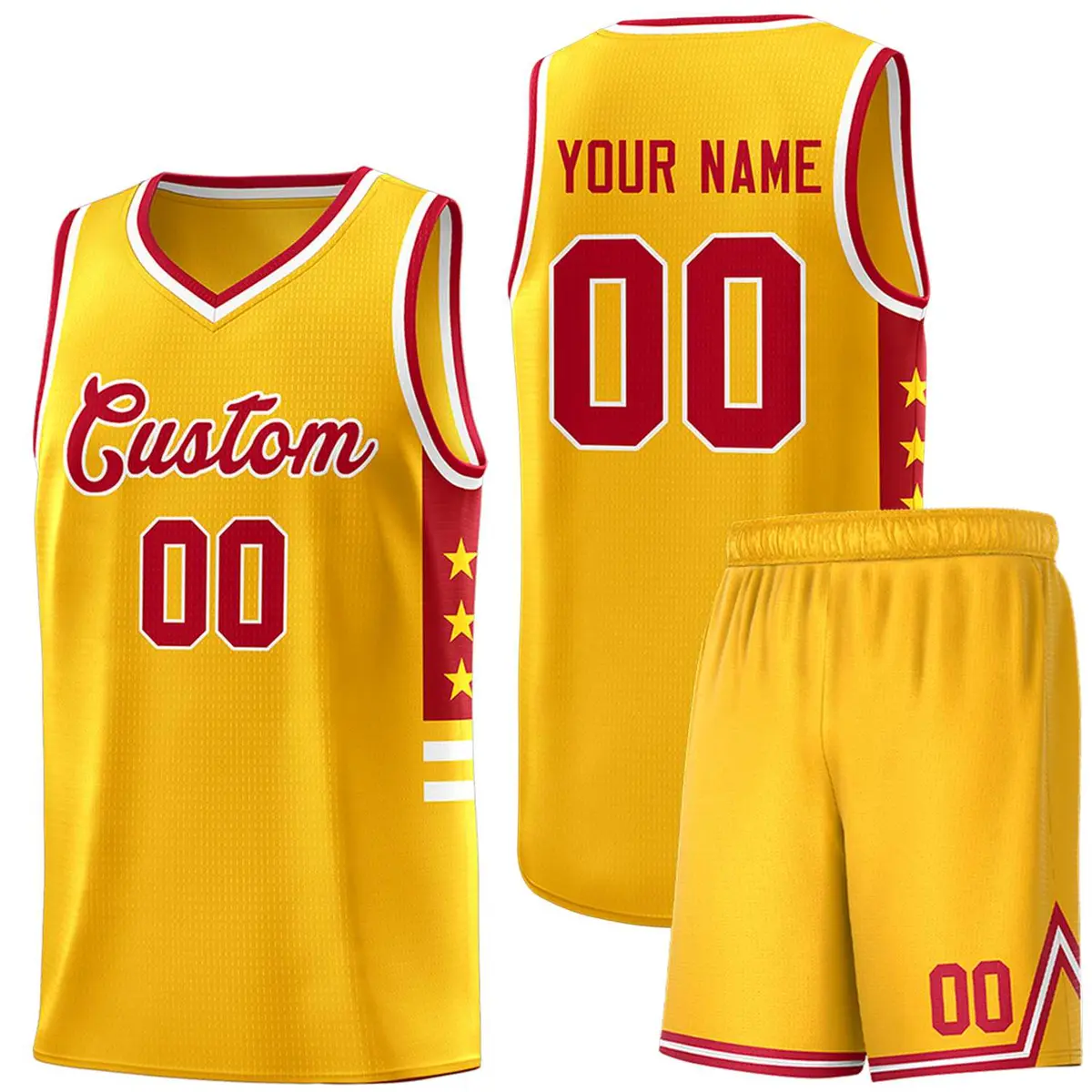 Yellow Red-White Star Pattern Basketball Jersey