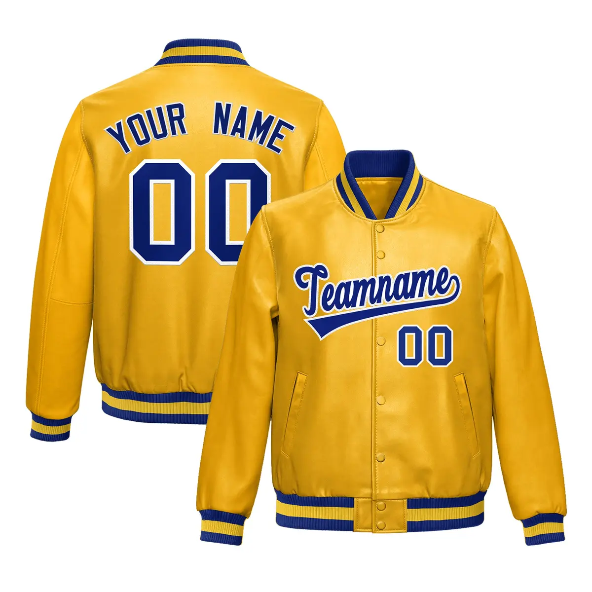 Yellow Royal Blue Full-Snap Varsity Faux Leather Letterman Jacket
