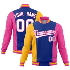 Yellow Royal Blue Pink Three-Color Block Varsity Letterman Jacket 1