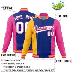 Yellow Royal Blue Pink Three-Color Block Varsity Letterman Jacket 2
