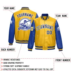 Yellow Royal Blue Raglan Full-Snap Faux Leather Letterman Jacket 2