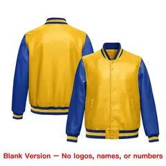 Yellow Royal Blue Raglan Full-Snap Faux Leather Letterman Jacket 6