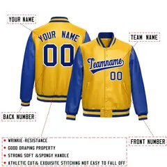 Yellow Royal Blue Raglan Full-Snap Varsity Faux Leather Letterman Jacket 2
