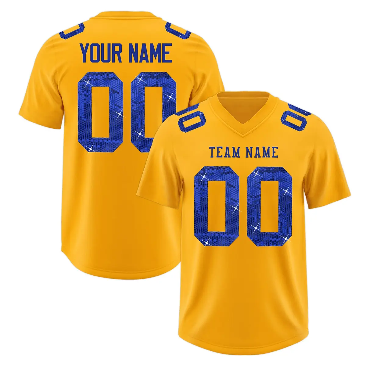 Yellow Royal Blue Sequin Lettering Football Jersey