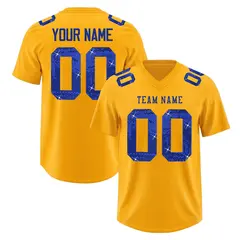 Yellow Royal Blue Sequin Lettering Football Jersey 1