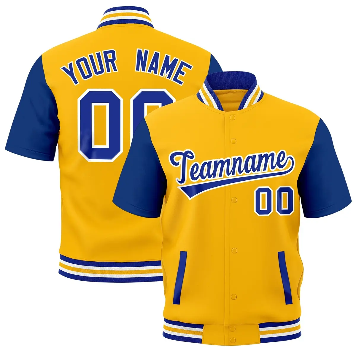 Yellow Royal Blue White Gold Full-Snap Short Sleeve Varsity Jacket