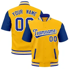 Yellow Royal Blue White Gold Full-Snap Short Sleeve Varsity Jacket