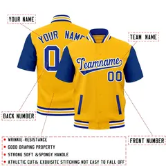 Yellow Royal Blue White Gold Full-Snap Short Sleeve Varsity Jacket 2